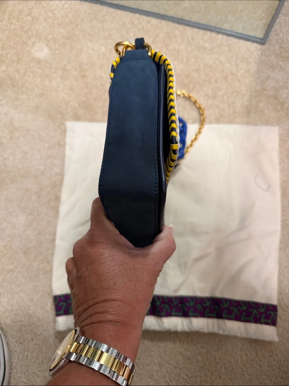 Tory Burch Navy Shoulder Bag with Multicolor Whipstitch and Gold Chain